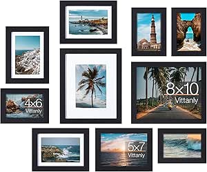 Vittanly 10 Pack Picture Frames Collage Wall Decor, Gallery Wall Frame Set for Wall or Tabletop Display, Multi Sizes with Two 8x10, Four 5x7, and Four 4x6 Photo Frames, Black