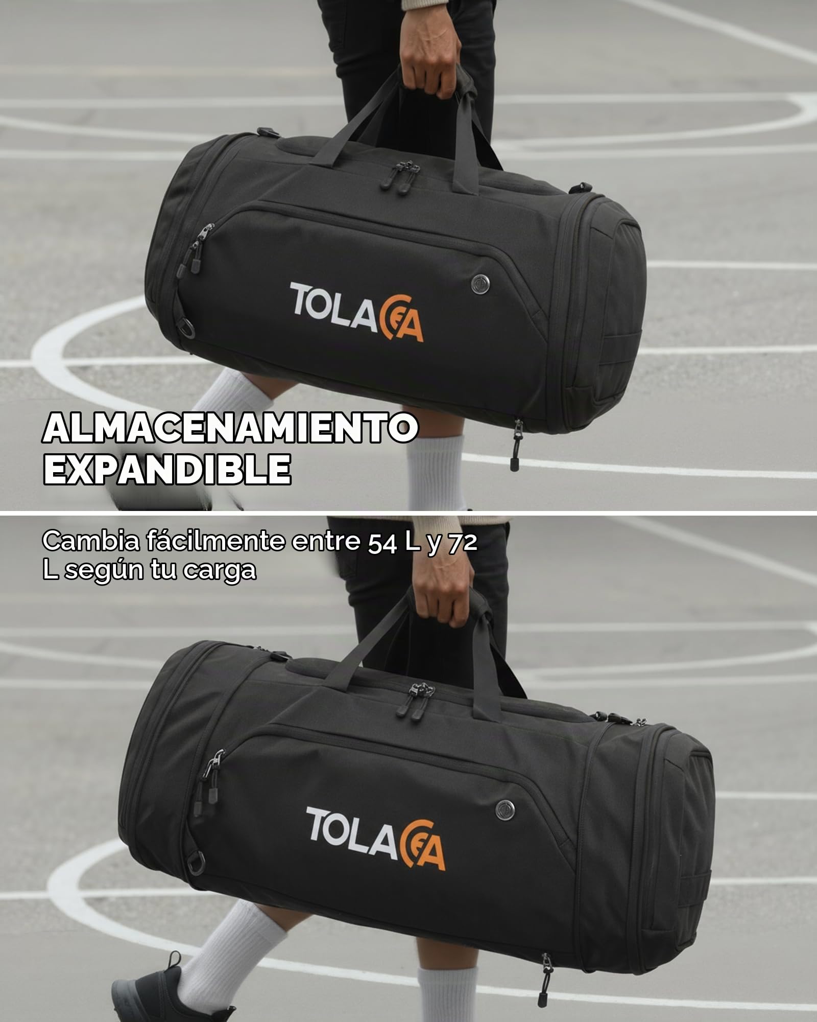 Tolaccea Bolsa de Deporte Extensible 56–70L Hombre Mujer – Bolsa de Viaje con Compartimento para Zapatos & Bolsa Húmeda, Convertible en Mochila para Gimnasio, Natación, Fútbol, Viajes (Negro)