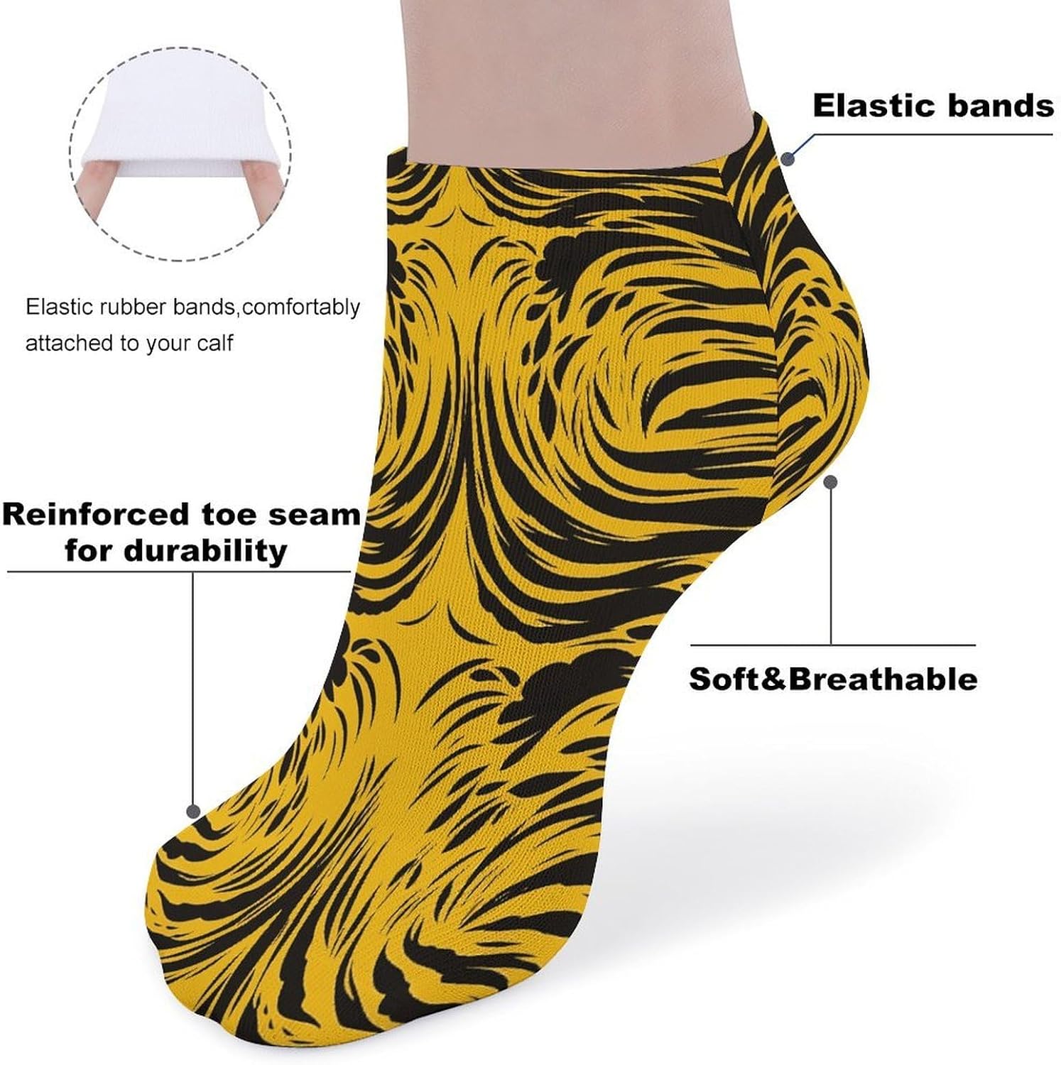 Mustard Yellow And Black Ankle Socks for Men Women 5 Pairs | Comfortable Casual Low Cut Socks, Lightweight No Show Breathable Athletic Socks, Soft Mini Crew Socks for All Seasons