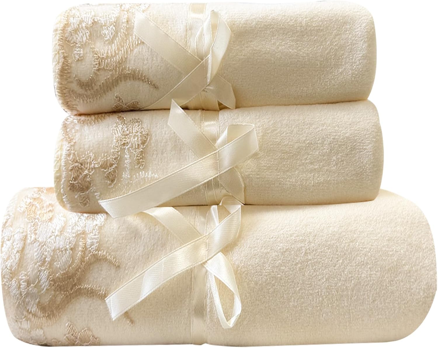 Bath Towels Set, Cream Lace Hand Towels Ultra Absorbent & Soft Towels Velvet Bathroom Sheet Towels for Shower Beach Daily (1 Bath Towel+2 Hand Towels) - Image 3
