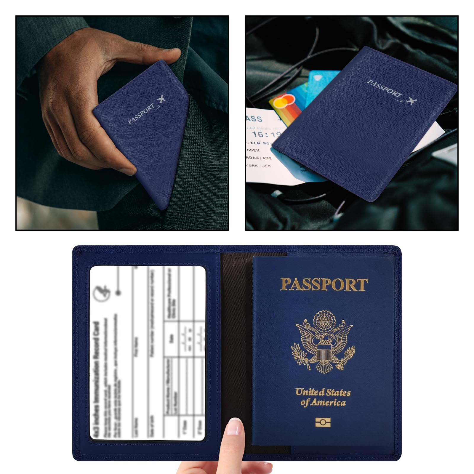 Custodia per passaporto in vera pelle, per donne e uomini, custodia ultra sottile con slot per carte di vaccino, blocco RFID, H-Blue., moderno
