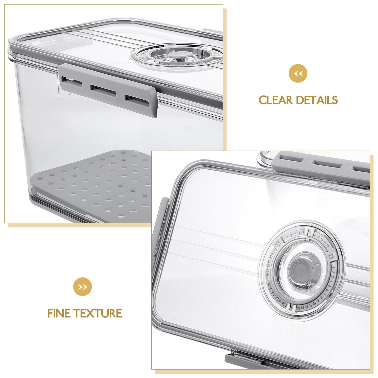 SHINEOFI Contenedor de Alimentos para Refrigerador de 4 Cierres y Sello Hermético, Caja de Pan Gris H-7005 con Dial Temporizador, Almacenamiento de Frutas y Verduras, Organizador