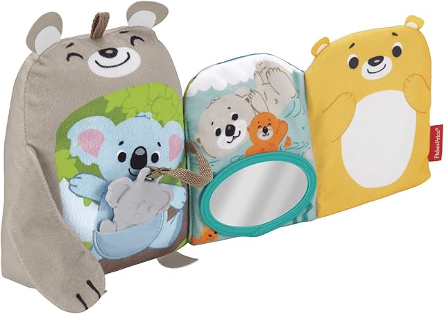 Fisher-Price Miękkie zwierzątka  Książeczka aktywizująca, milutki miś + miękka książeczka sensoryczna (lusterko i gryzaczek), dla dzieci powyżej 3 miesiąca życia, GJD37
