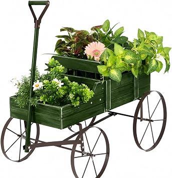 DORTALA Wood Wagon Planter, Outdoor Garden Flower Planter Cart with Wheels, Small Decorative Wood Raised Bed Plant Pot Box Stand for Backyard, Patio, Balcony, Green