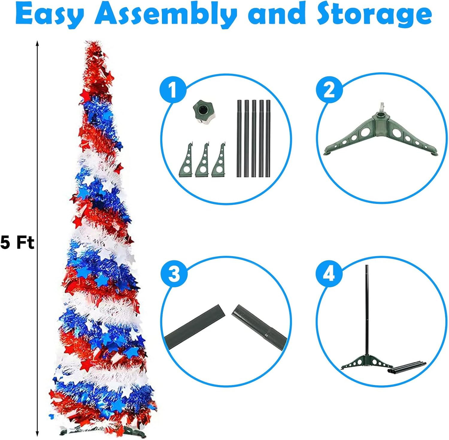 5Ft Pop up Christmas Tree 4th of July Patriotic Decorations Tree, Artificial Collapsible Star Sequins Christmas Tree for Indoor Outdoor Independence Day Red White and Blue Decorations