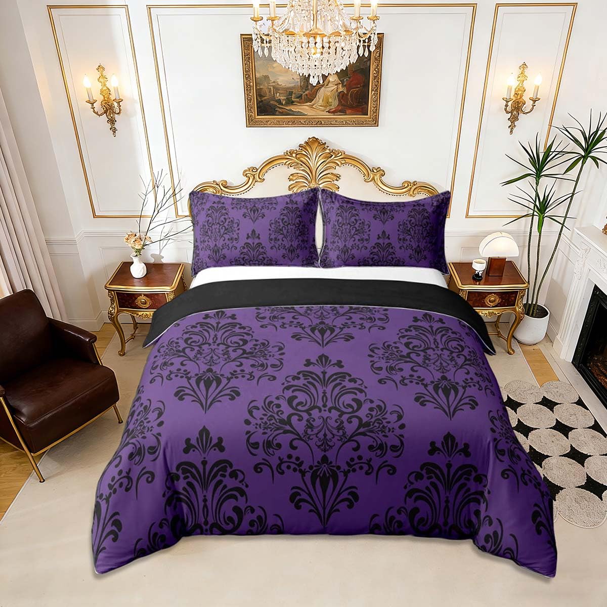 Homemissing Vintage Gothic Floral Duvet Cover Set King Size For Kids Boys Girls Purple Damask Floral Bedding Set Bohemian Exotic Duvet Cover with 2 Pillowcases Luxury Royal Jacquard Bedding โ image 1