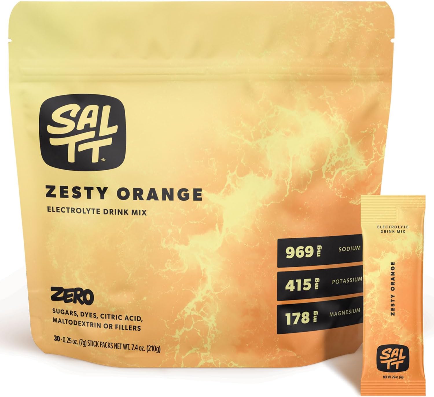 SALTT Electrolytes Powder Flavored Drink Mix - Zesty Orange - 30 Hydration Packets - Magnesium, Potassium, Sodium, Trace Minerals - Zero Sugar & Gluten Free - Travel Essentials