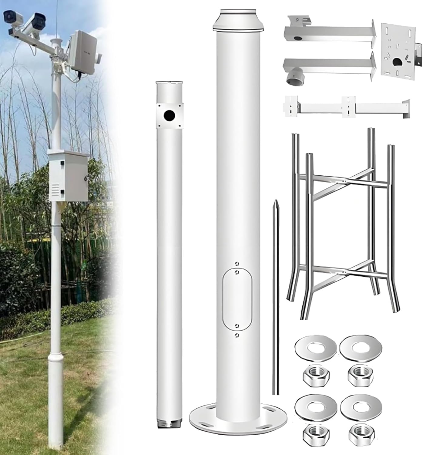 Outdoor Surveillance Camera Pole Stand, Adjustable 2-6m Height, 4 Brackets for Security Cameras, Ideal for Backyard, Walkway, Industrial & Home Use