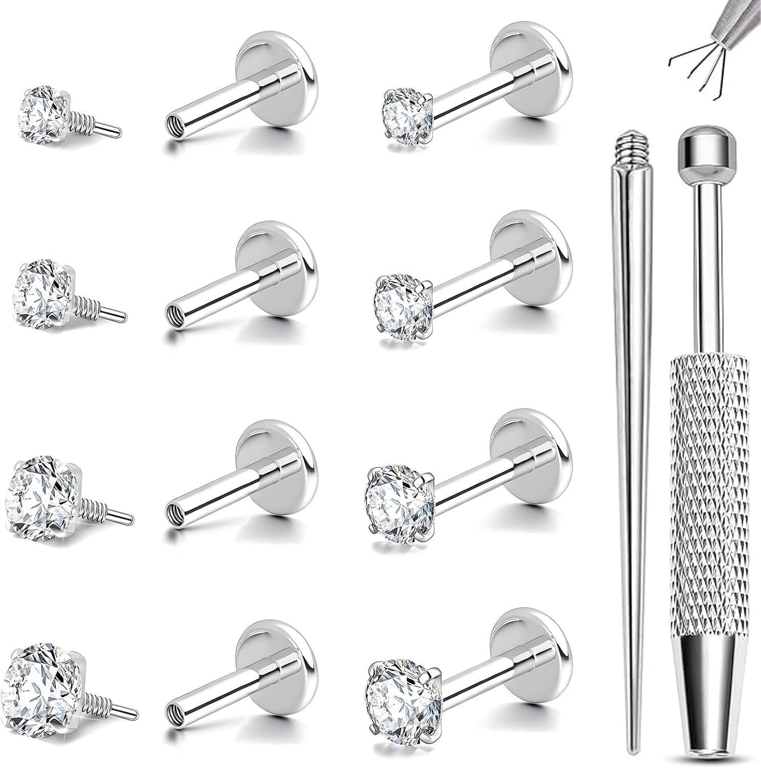 18G/16G Flat Back Earrings Stud Surgical Steel Nose Studs Long Internal Thread Tiny CZ Nostril Cartilage Tragus Helix Lip Medusa Piercing Jewelry for Women Men