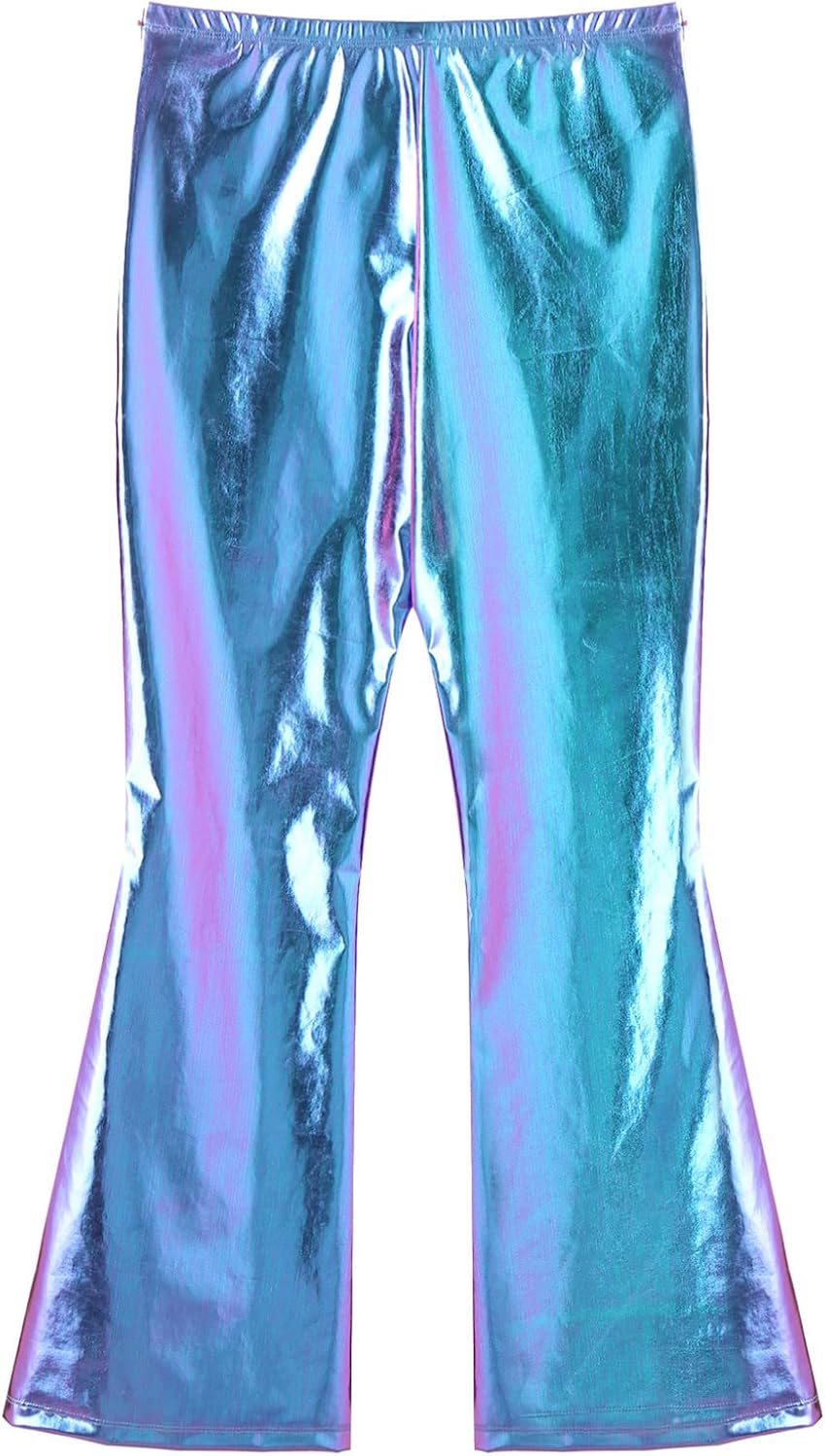 Jhaoyu Men's Adult Shiny Metallic Faux Leather Disco Long Pants 70s Bell Bottoms Flared Leggings Trousers