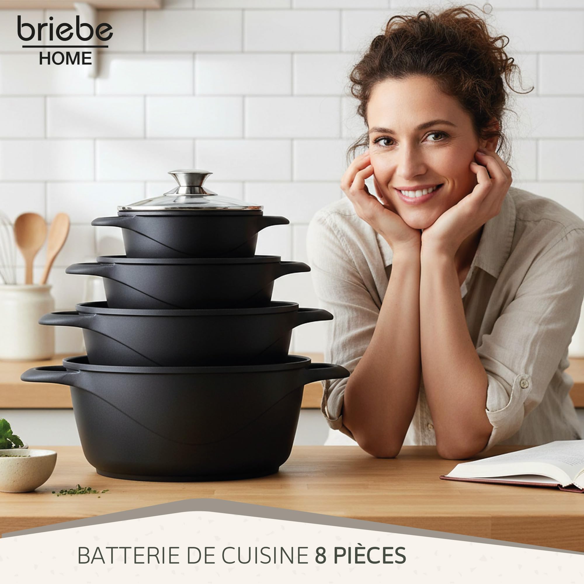 briebe Batterie de Cuisine Induction 8 Pièces, Ensemble de 4 Casseroles en Fonte d'Aluminium, Antiadhésive ILAG GRANITEC sans PFOA, Couvercles en Verre, Gants en Silicone, Tout Feux et Four, MGK-12