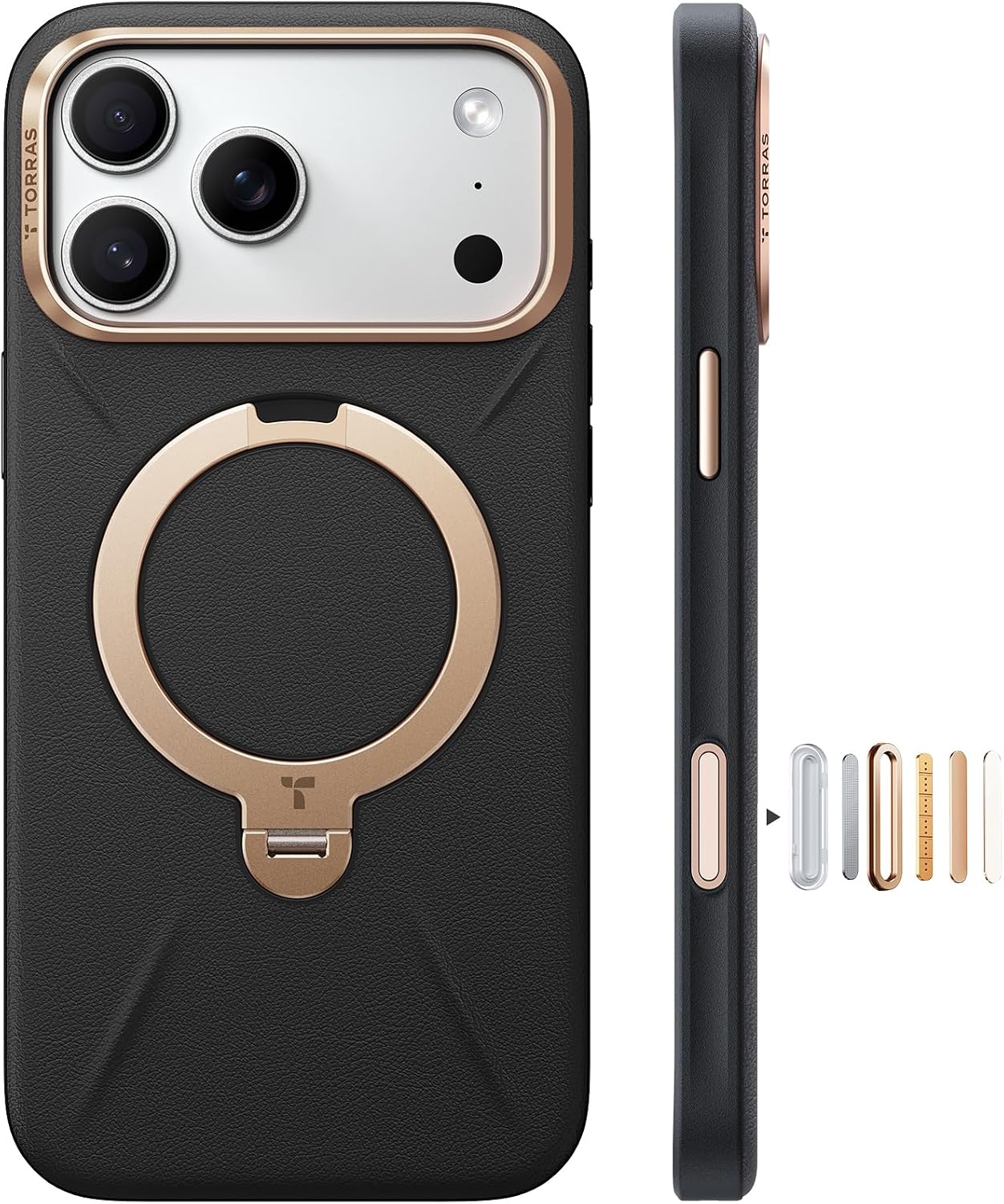 TORRAS iPhone 17 Pro Max 用 ケース【新感覚レザー・スキンタッチ】Ostand Q3 レザートーン MagSafe対応 リング スタンド 360°定点回転 縦横両対応 マグネット搭載 革 カメラコントロールボタン 米軍規格 耐衝撃 指紋防止 こくよう・ブラック