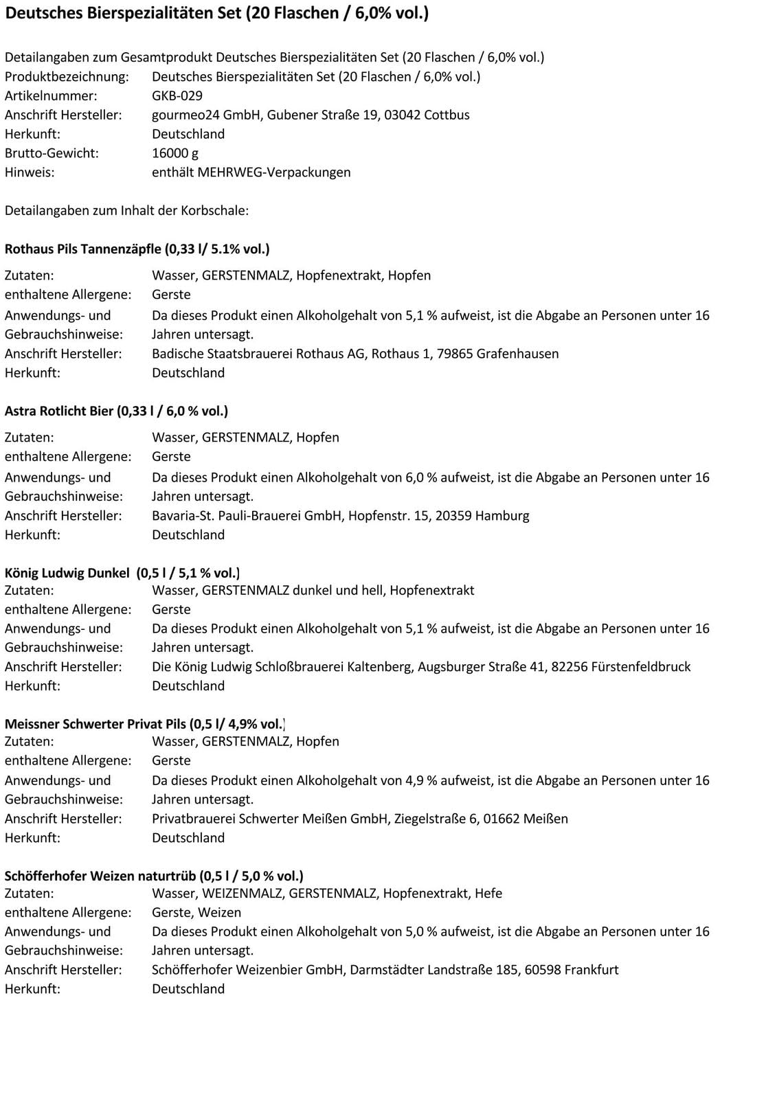 Deutsches Bierspezialitäten Set (20 Flaschen / 6,0% vol.)