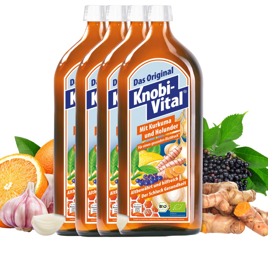 KnobiVital mit Kurkuma & Holunder Bio (3+1 Aktion: 4x960 ml) | Hochkonzentrierter Knoblauchsaft mit Kalium für normalen Blutdruck | Natürlich & ohne Zusätze