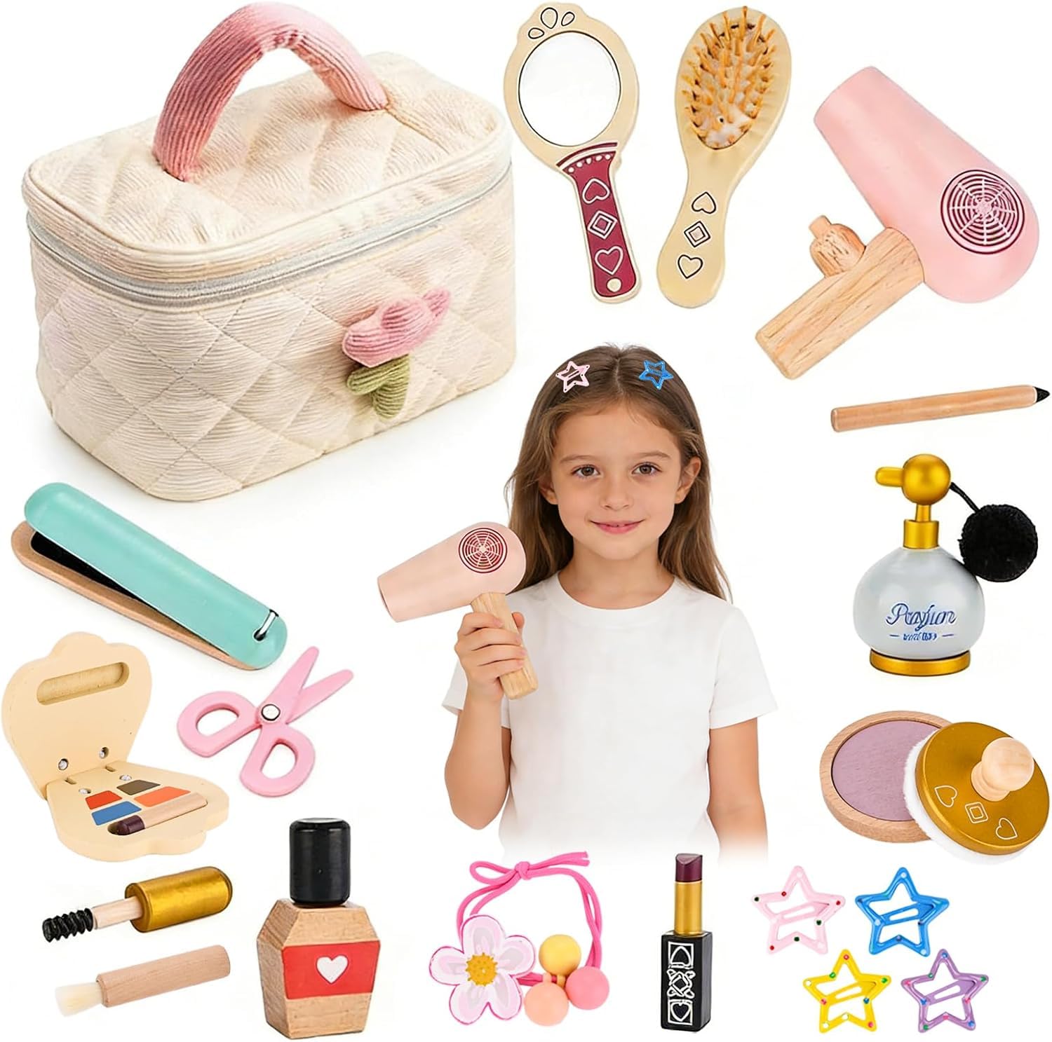 Set Trucchi Bambina in Legno Finti, Set di Trucchi e Parrucchiere in Legno con Rossetto Profumo Giocattoli per Bambini Ragazza 3 4 5 6 7 8 Anni