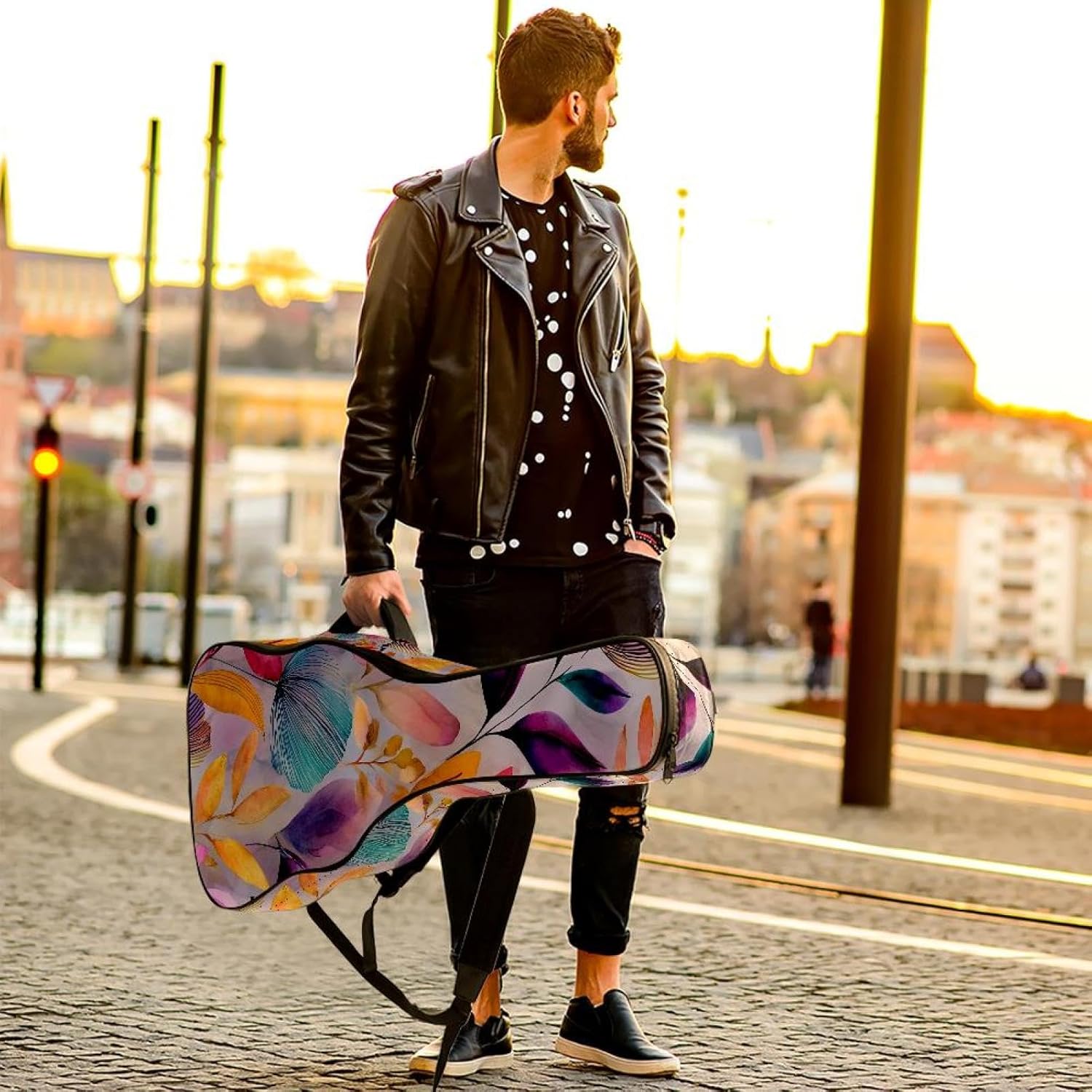 Watercolor Flowers Leaves and Plants Acoustic Guitar Gig Bag, 1 cm Thick Padding Waterproof Guitar Bag Backpack for 40 41 42 Inch Electric Bass Classical Guitars