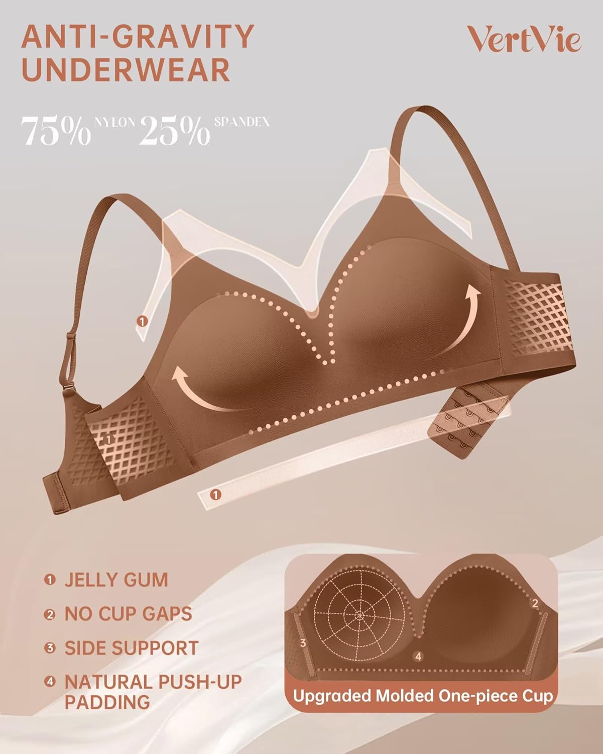 Vertvie Women Wireless Bras with Support Lift Full Coverage Push Up Plus Size Sport Bra Seamless Molded Cup Padded Tshirt Bra - Image 4