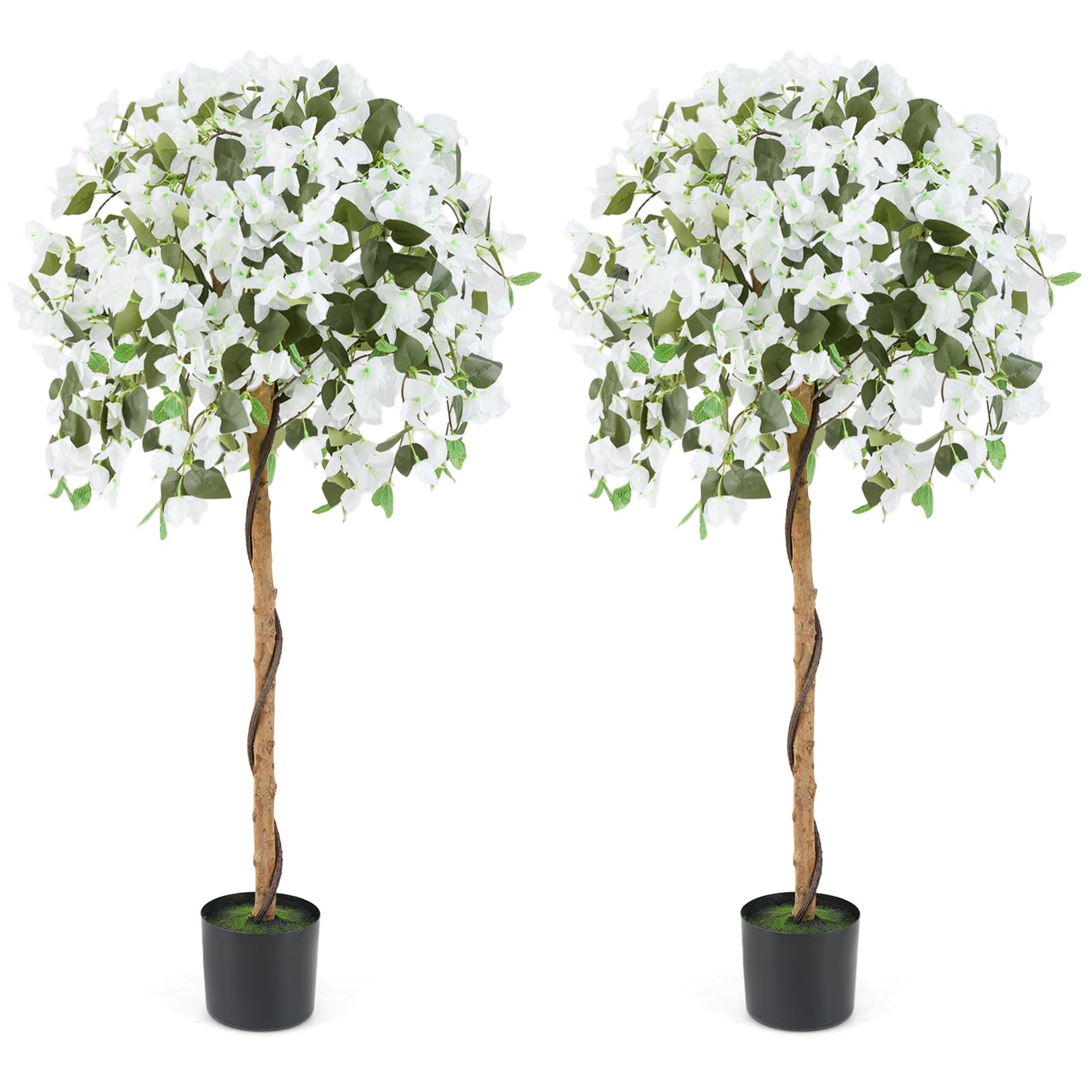 COSTWAY 130CM/4.3FT Ficus Artificial Tree, Fake Azalea Trees in Nursery Pot, Indoor Outdoor Greenery Tall Faux Floor Plant for Living Room Office Decor (2, White)