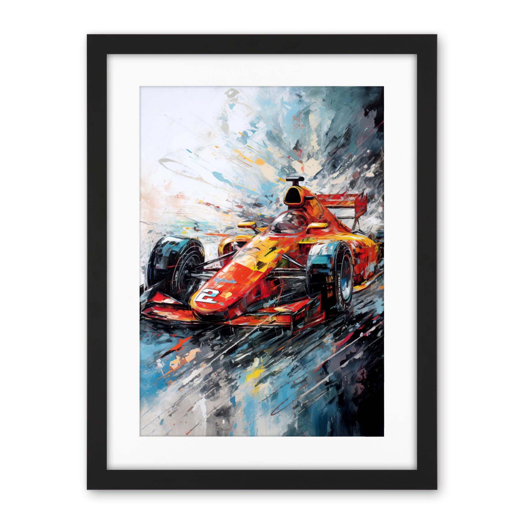 Artery8 Orange Race Car Grand Prix Action Shot Painting Artwork Framed Wall Art Print 18X24 Inch