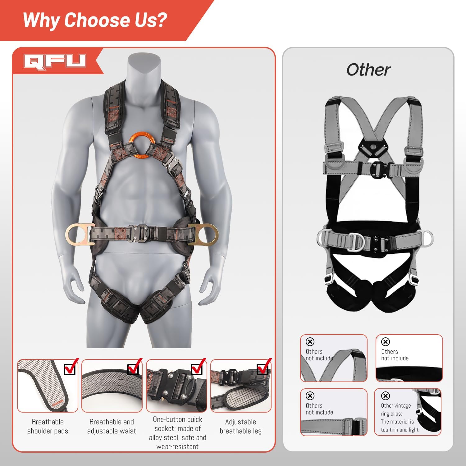 Safety Harness Fall Protection Padded on the shoulders, waist, and legs, featuring front O-rings, with upgraded quick-release buckles, meets ANSI standards, suitable for roofing work, construction