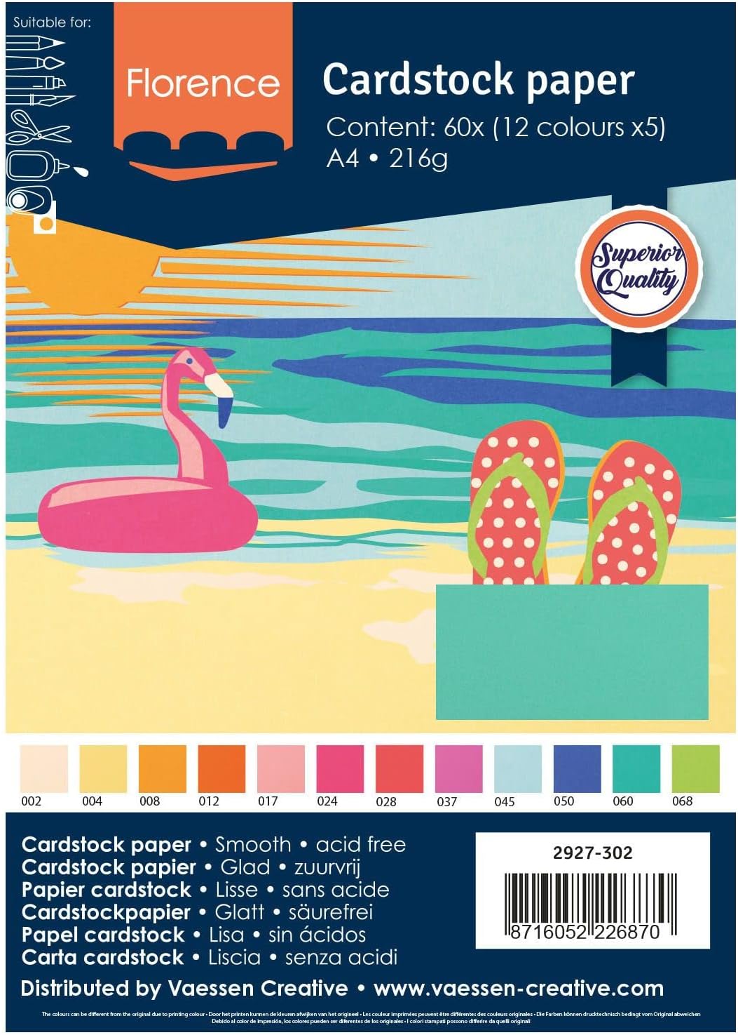 Vaessen Creative Florence Smooth Cardstock, Summer Colours Mix, 216 Grams, Size, 60 Sheets, for Scrapbooking, Card Making, Die Cutting and Other Paper Crafts, DIN A4, Multi