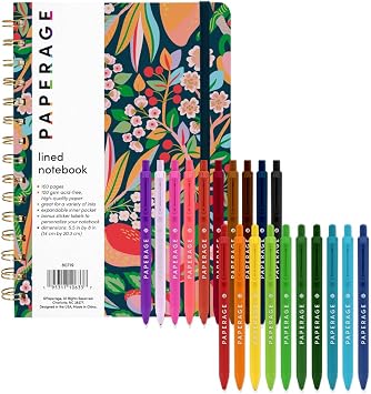 PAPERAGE Lined Spiral Journal Notebook, Cherry Blossom/Fruit, 160 Pages, Hardcover Journal, Medium 5.5 in x 8 in - 100 GSM, Thick Paper, Spiral Notebook for Work & School & Gel Pens Bundle