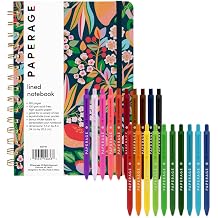 PAPERAGE Lined Spiral Journal Notebook, Cherry Blossom/Fruit, 160 Pages, Hardcover Journal, Medium 5.5 in x 8 in - 100 GSM, Thick Paper, Spiral Notebook for Work & School & Gel Pens Bundle
