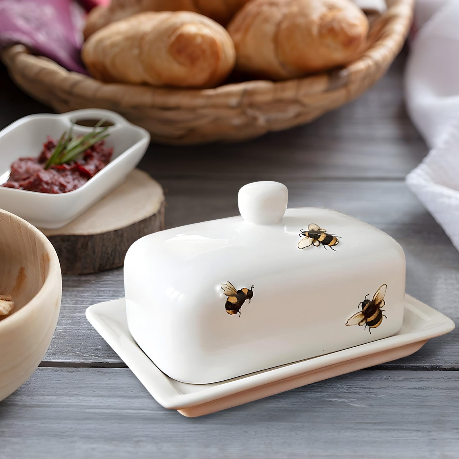 ceramiczna, 1 sztuka, porcelanowa maselniczka z uchwytem, biała puszka na masło z ceramiki o grubych ściankach, nadaje się do mycia w zmywarce (biała, 2)