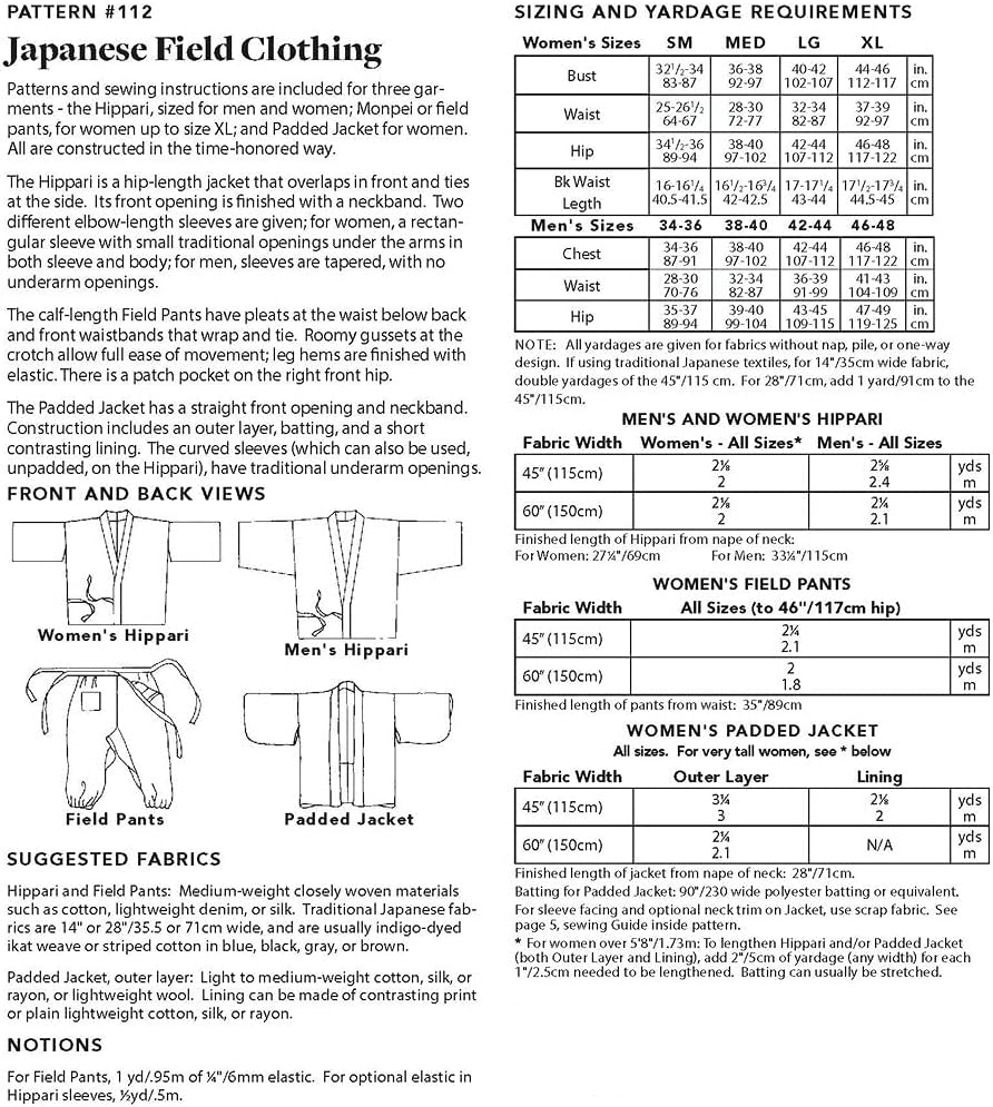 Folkwear Japanese Field Clothing #112 Hippari Jacket Monpei Pants Japan Sewing Pattern (Pattern Only) folkwear112