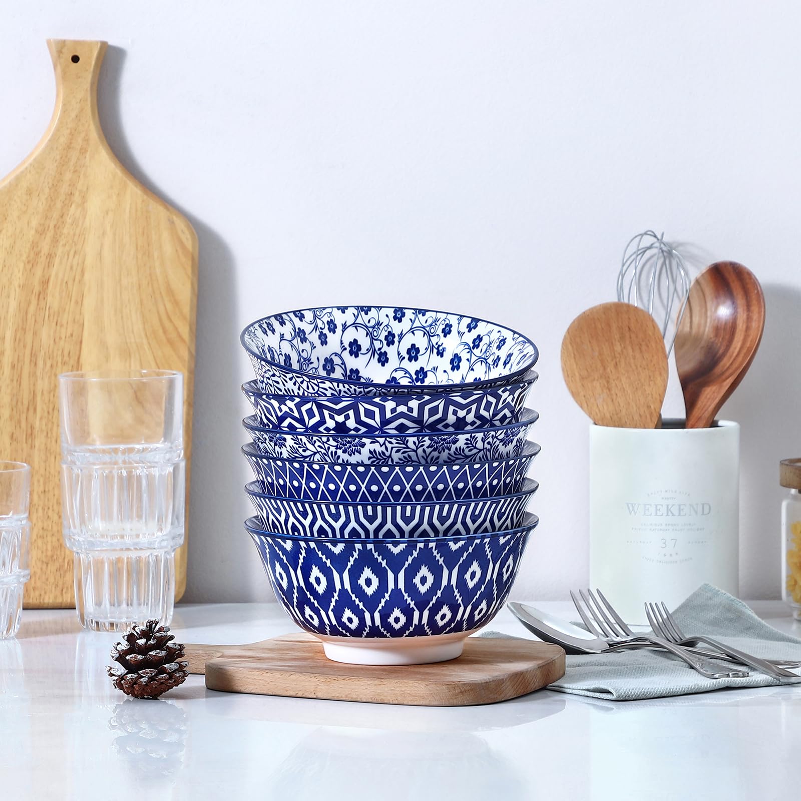 Selamica Porcelanowe miski na płatki śniadaniowe 18 cm, zestaw 6 miseczek do zupy, ceramiczne miski na płatki, zupę, sałatkę i makaron, niebieskie vintage