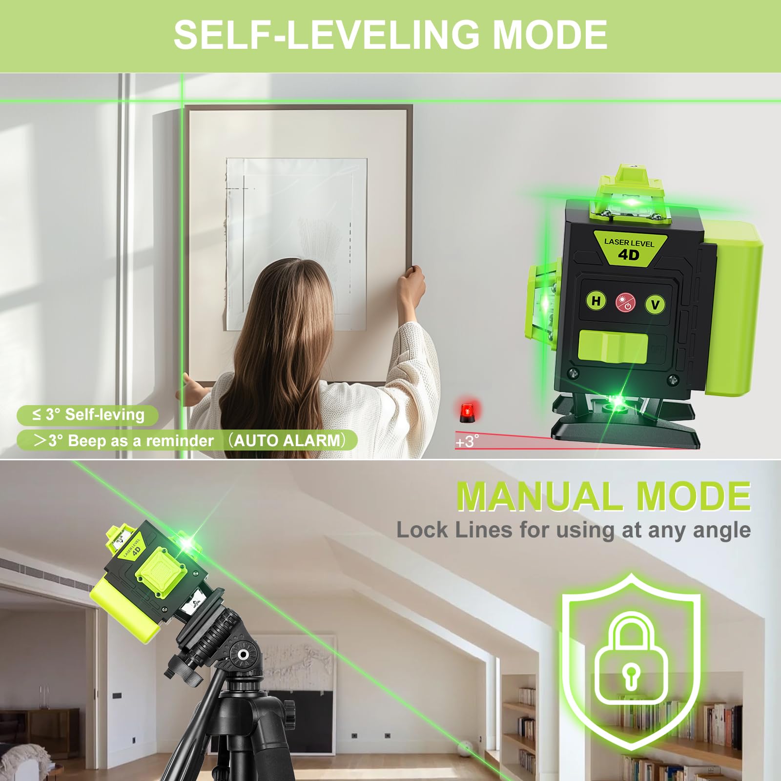 【avec Trépied】Niveau Laser 4 x 360°, 16 Lignes Vert Laser Chantier Professionnel pour la Construction et l'Accrochage de Photos, Autonivellement, Batterie Rechargeable