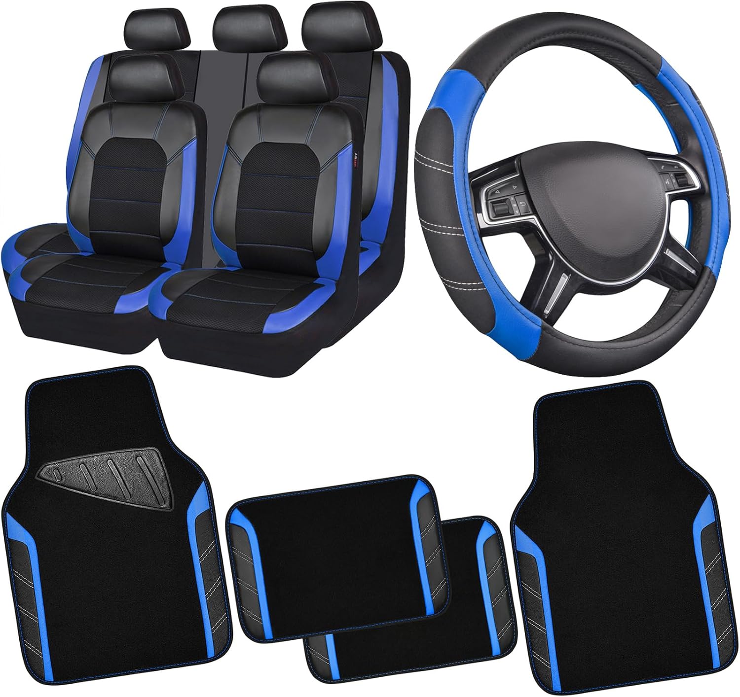 CAR PASS Universal Leather car seat Covers, Leather Steering Wheel Cover and Waterproof Car Floor Mats Fits Most Cars, SUVs, Sedans, and Vans (Black and Blue)