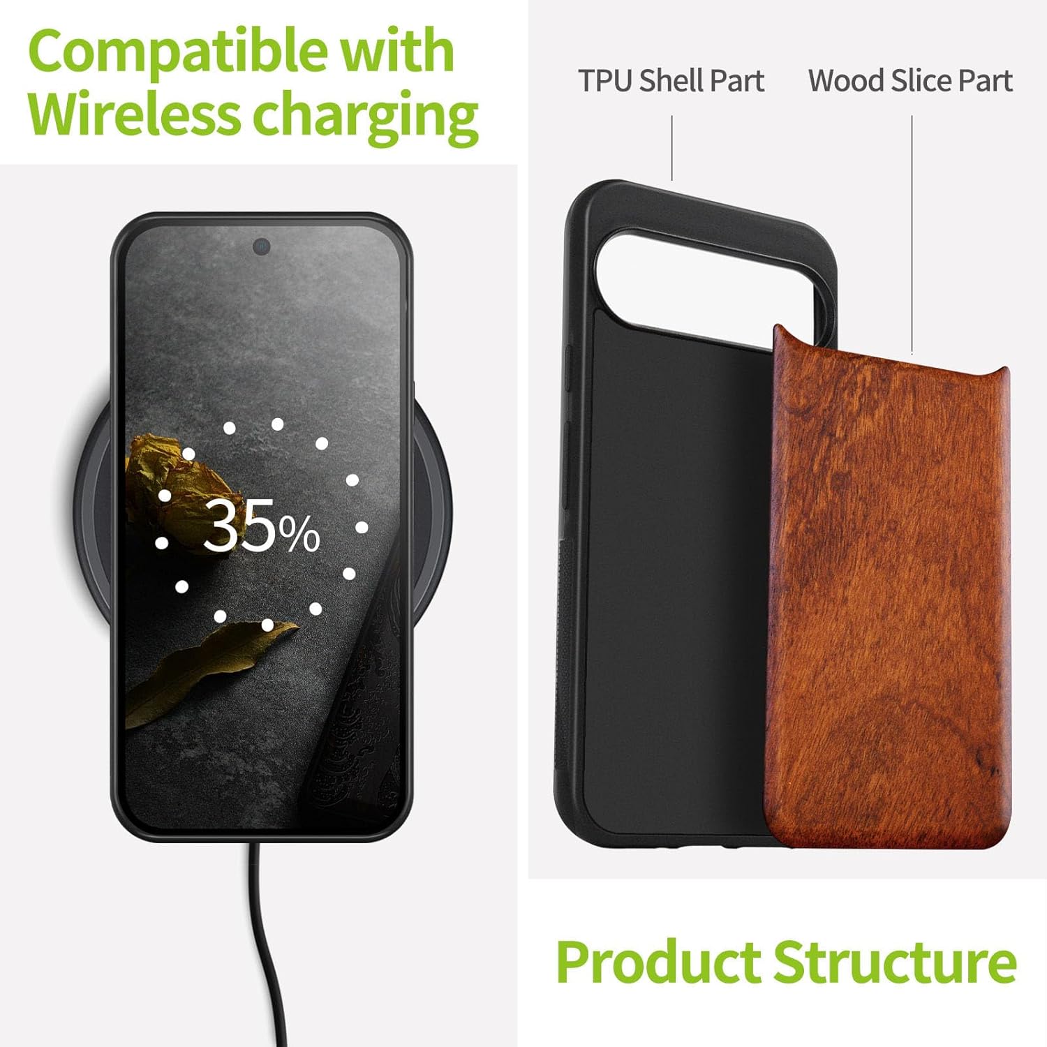 Carveit Wood Case for Pixel 9 Pro Case [Natural Wood & Black Soft TPU] Shockproof Protective Unique Wooden Cover Compatible with Google Pixel 9 Pro (Natural-Rosy)