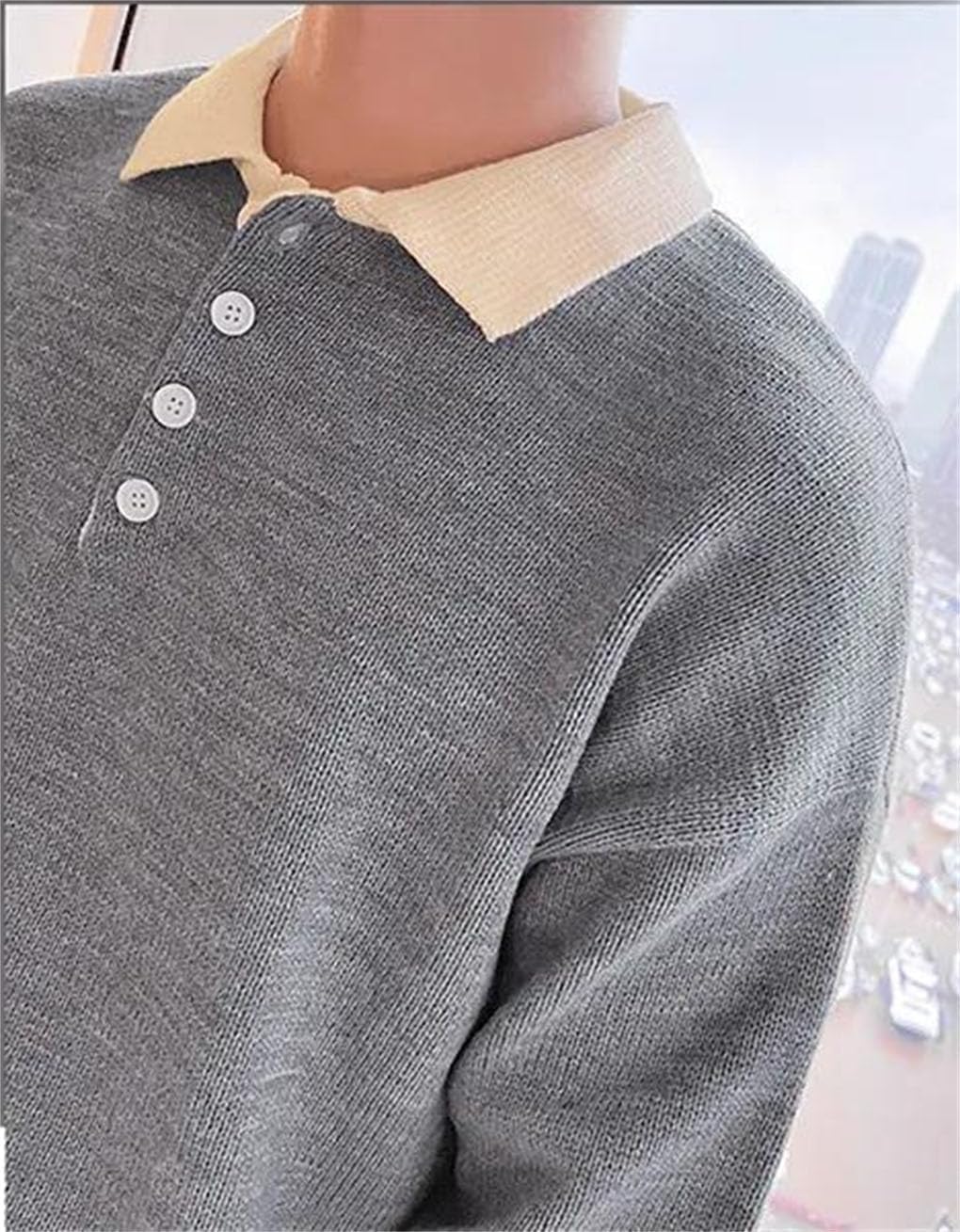 Men's Loose Knitted Polo Shirt Solid Color Crew Neck Sweatshirt Couple's Casual Long Sleeve Top