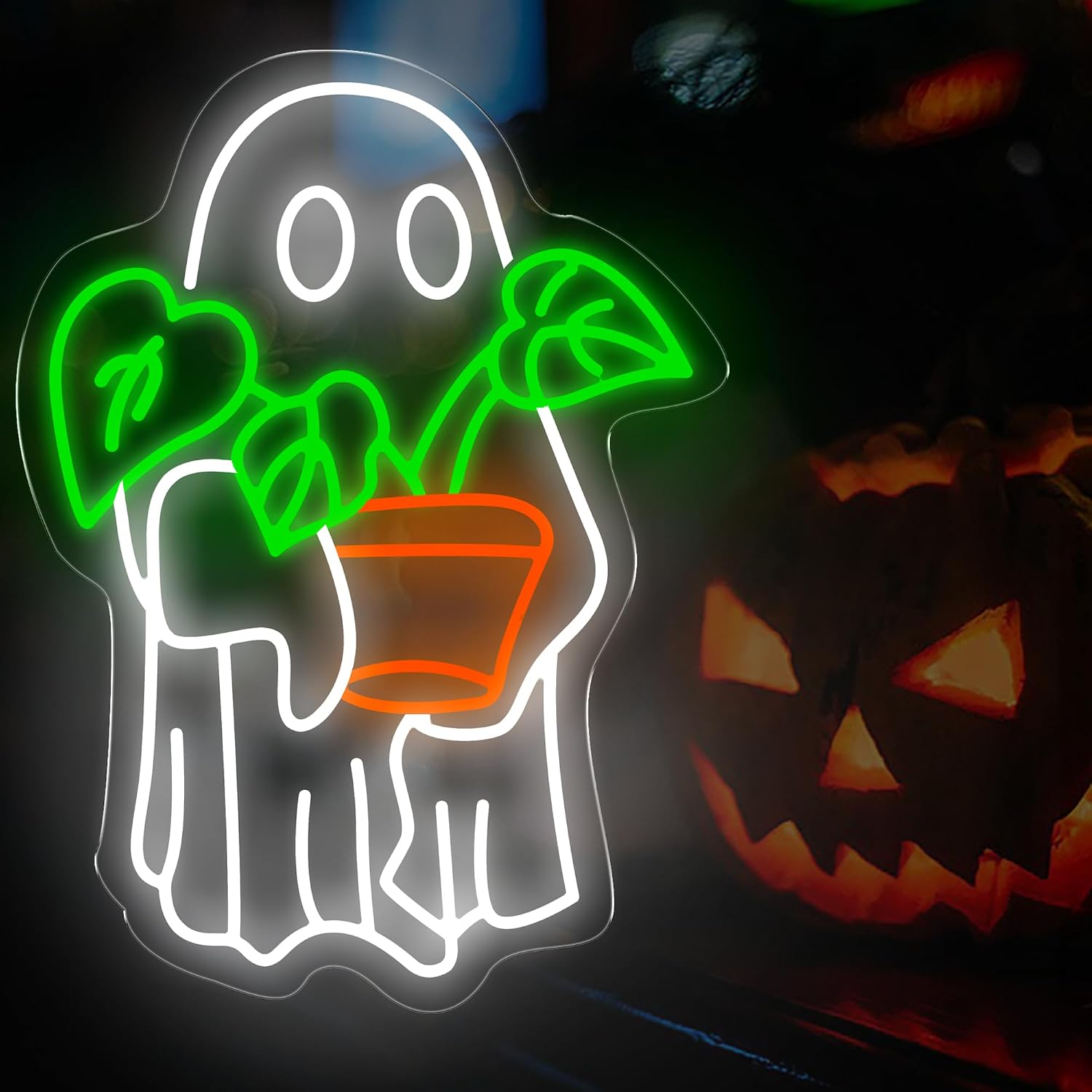 Ghost Holding Plant Neon Sign – LED Wall Light Featuring a Cute Spirit with Green Potted Plant, USB Powered Light for Bedroom, Plant Corner, or Halloween Decor 16.5″ × 12.2″