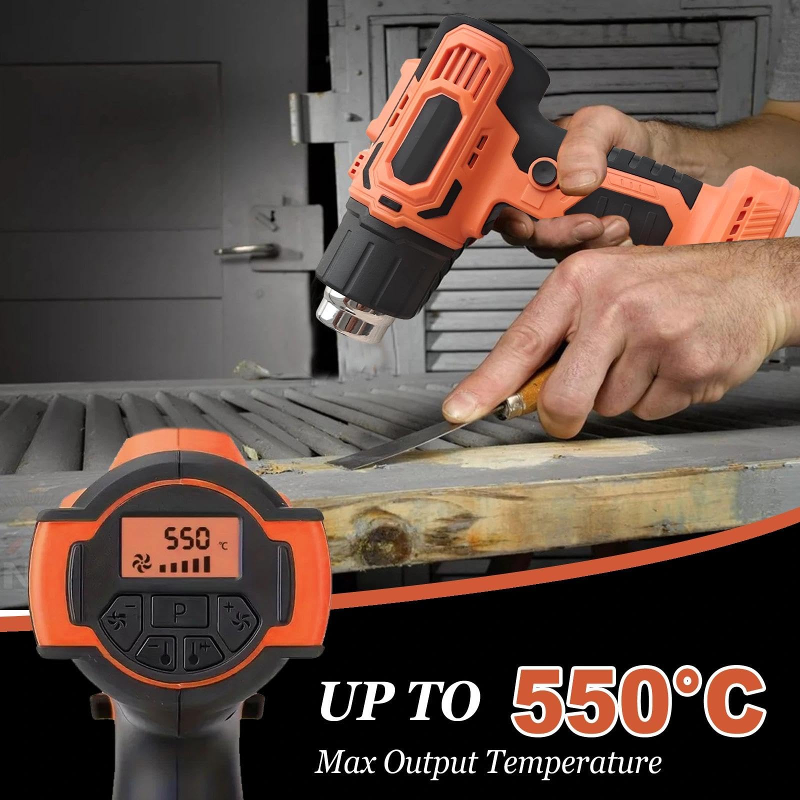 Akku Heißluftpistole für Makita 18V Akku,Kabellose Heißluftpistole 50℃-550℃ Temperatur und Luftstrom Einstellbar,LCD-Digitalanzeige Akku Heißluftfön mit 4 Düsen für Schrumpffolie Schweißen (ohne Akku)