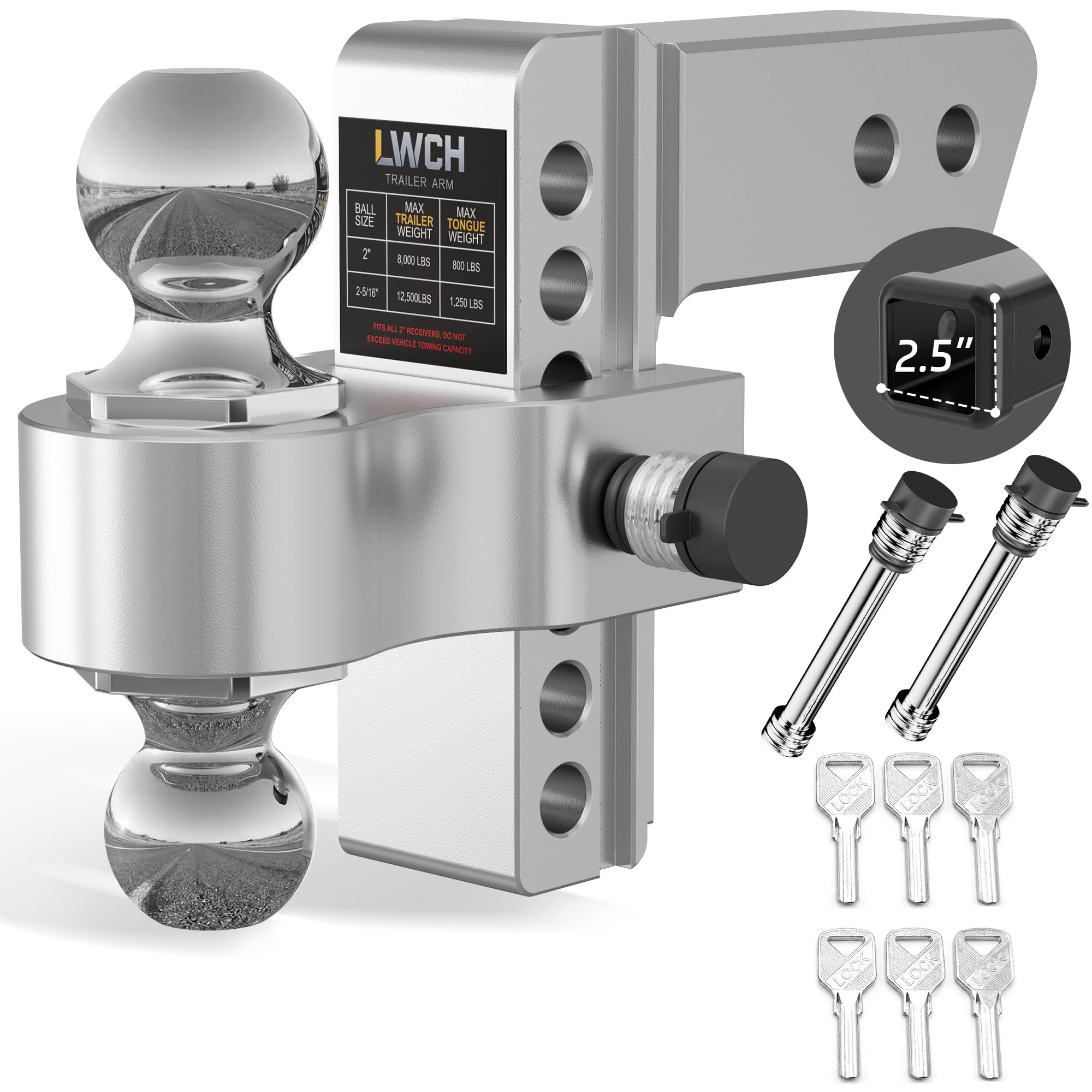 Photo 1 of LWCH Adjustable Trailer Hitch, Fit 2.5 Inch Receiver, 18,500 LBS GTW, Heavy Duty Aluminum Drop Hitch with 2" & 2-5/16" Chrome Plated Steel Ball Mounts for Trucks, 6 Inch Drop/Rise, 2 Anti-Theft Pins