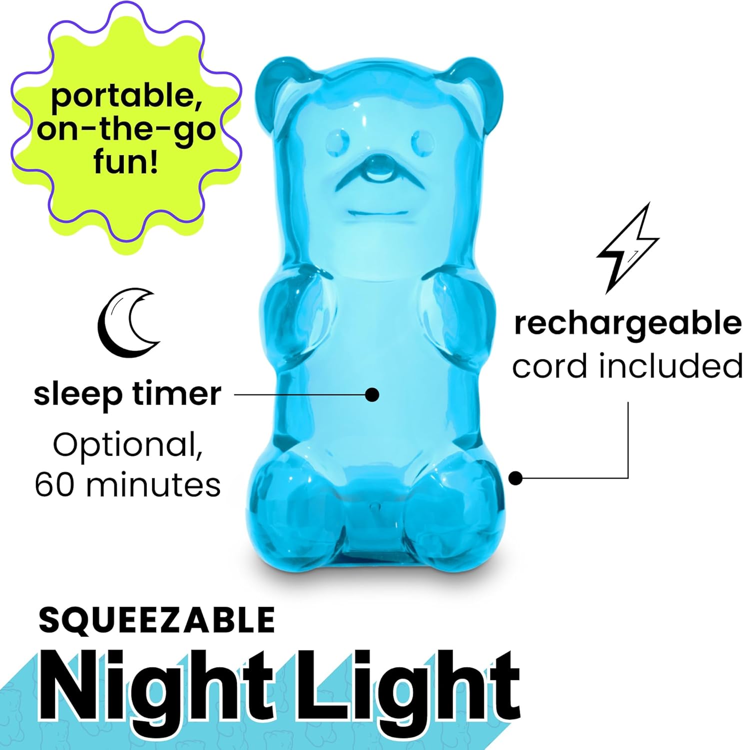 Gummygoods Squeezable Gummy Bear Night Light - Rechargeable, Portable, Squishy Lamp, 60-Min Sleep Timer - Christmas Gift for Kids & Adults, Baby Nursery, and Dorm Rooms - (Blue)