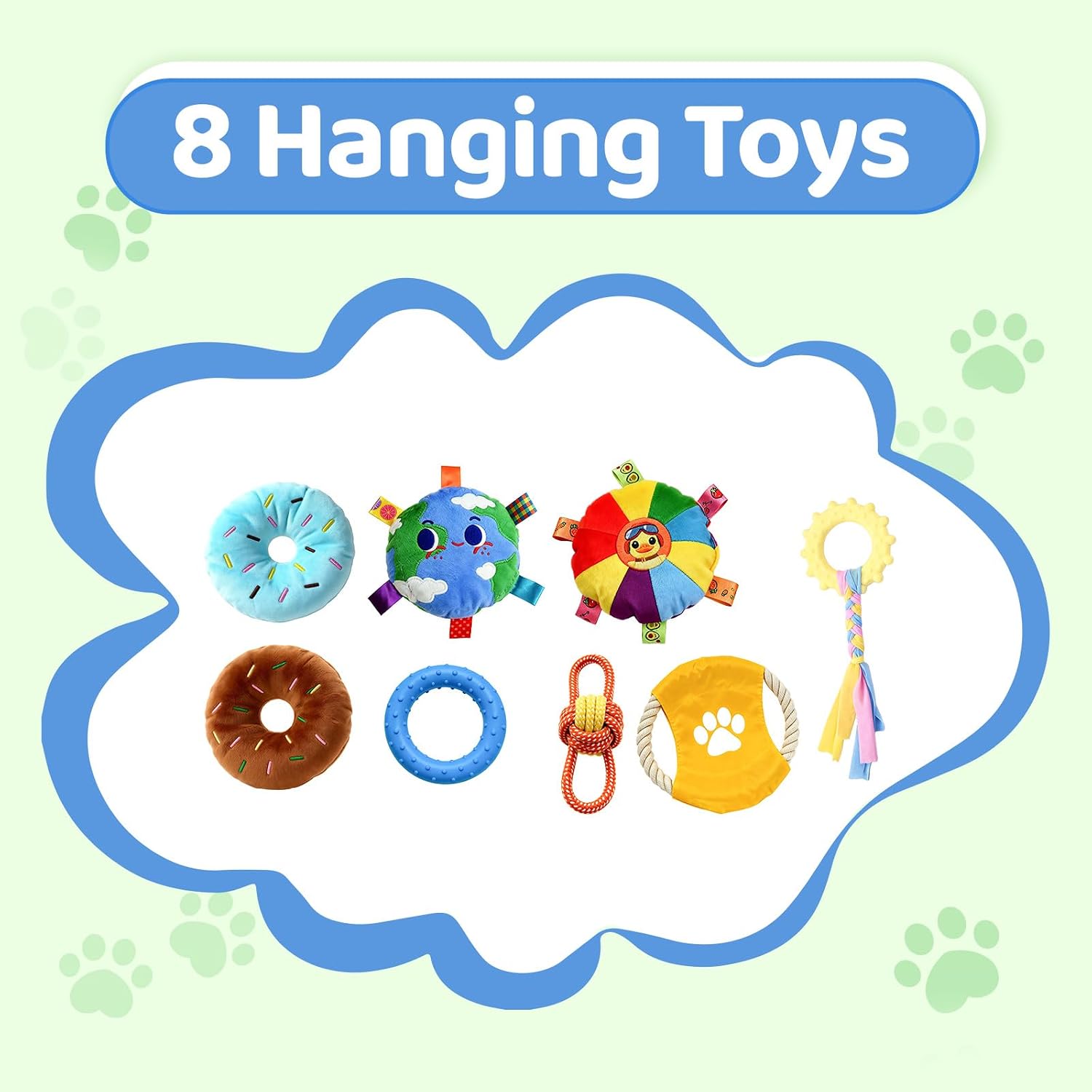 Puppy Play Gym with Hammock 8 Hanging Toys, Dog Jungle Gym Indoor Pets Cats Toys, Teething Chew Toys Puppy Gym Activities Center for Cats Adjustable Playground for Small Dogs at Home PVC Frame