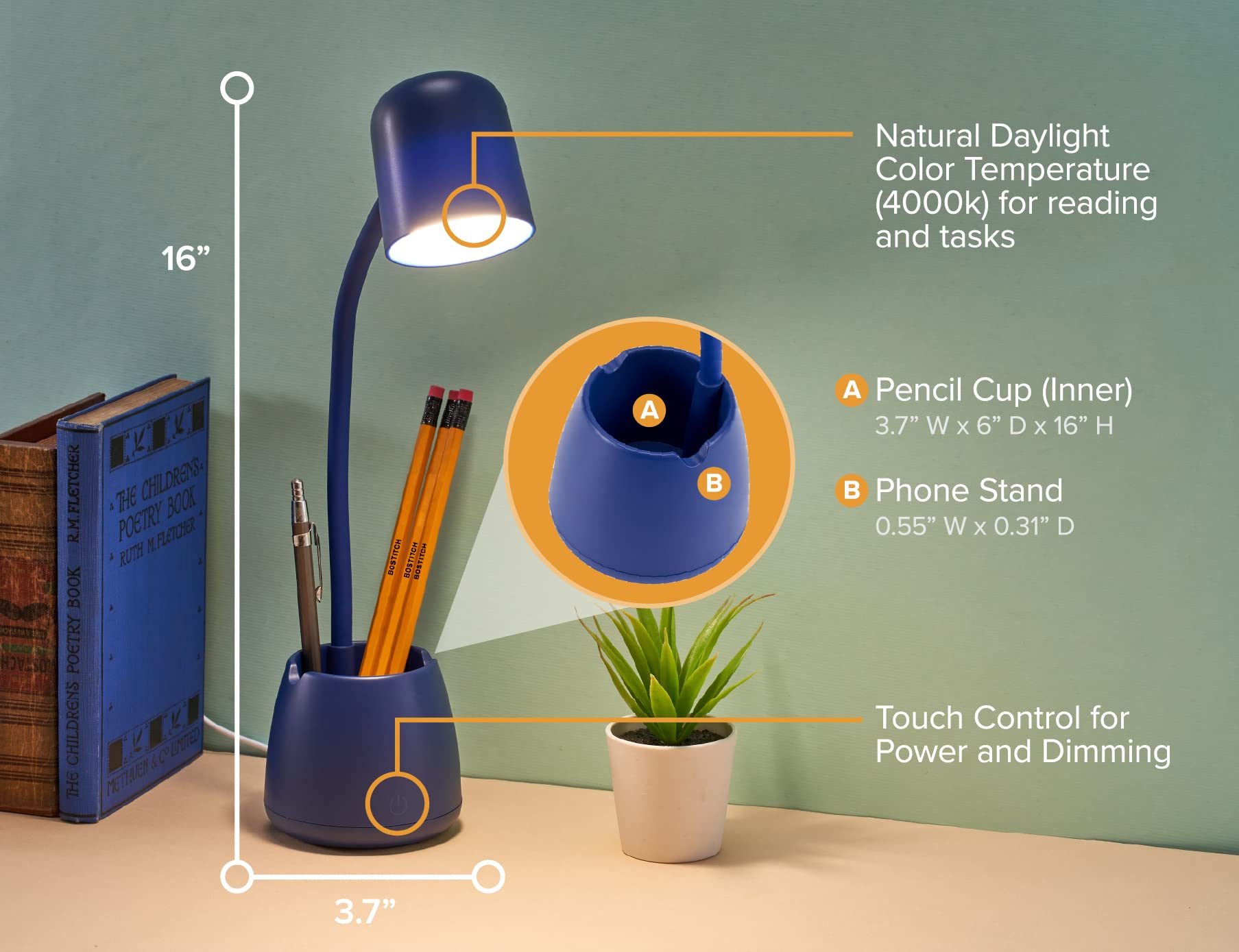 Office LED2105-NVY - Lámpara regulable con taza de almacenamiento, tres niveles de brillo, atenuador sensible al tacto, eficiencia energética, azul 7