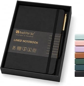 &And Per Se Lined Journal and Pen Set, A5 Leather Journal Stationery Set, 160 Pages 100GSM Thick Paper, Notebook Gift Set Black