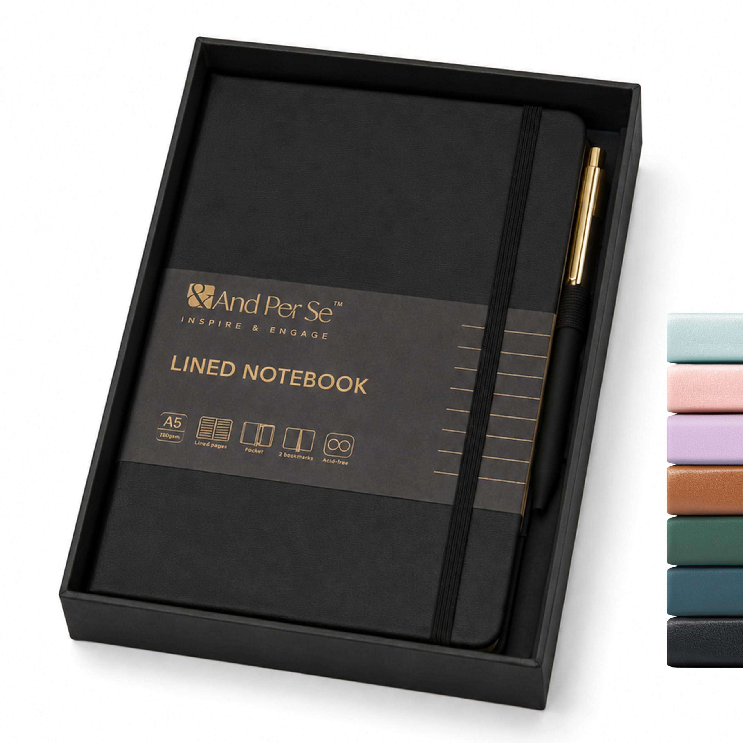&And Per Se Lined Journal and Pen Set, A5 Leather Journal Stationery Set, 160 Pages 100GSM Thick Paper, Notebook Gift Set (Black)