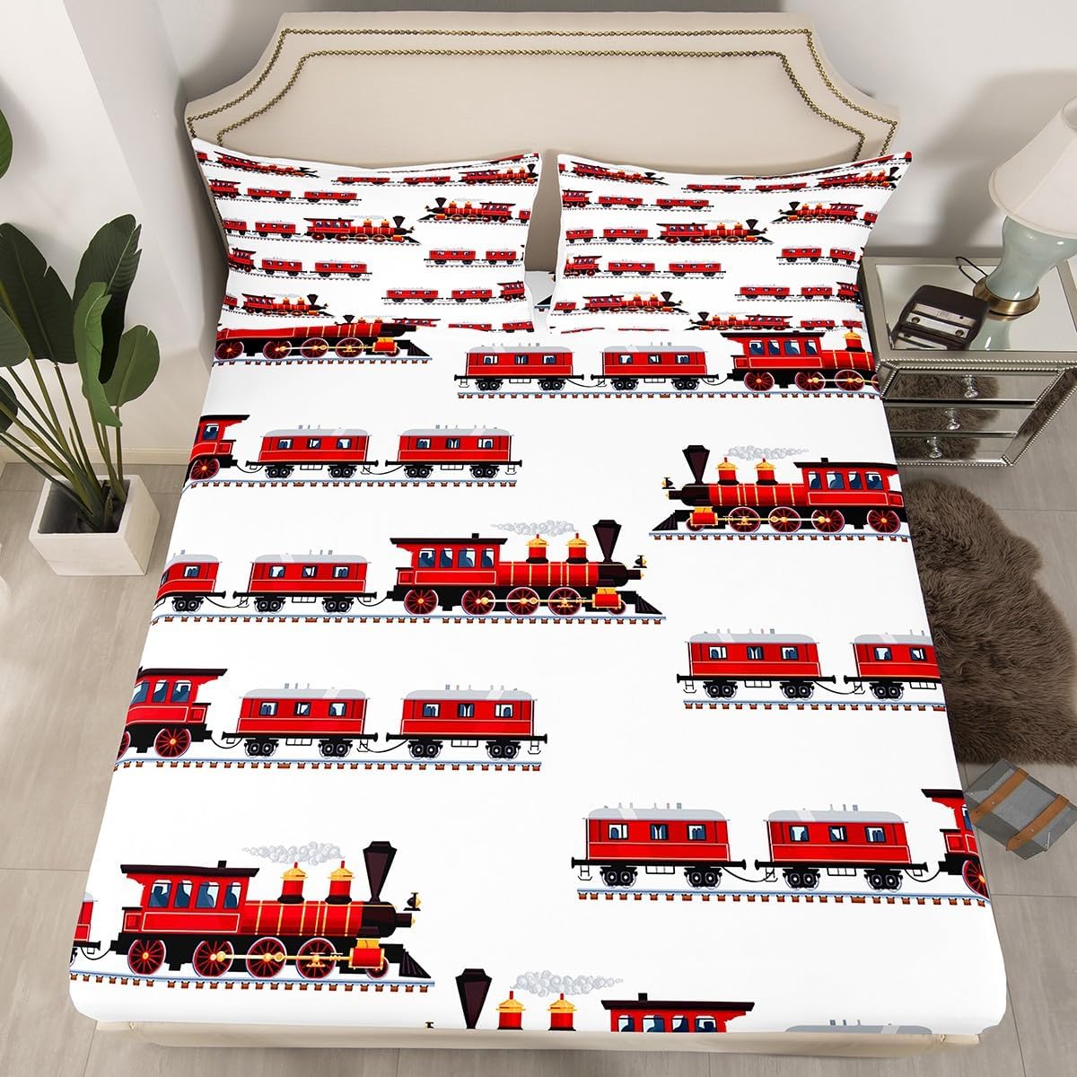 Red Train Fitted Sheets Full Size,Cartoon Choo-Choo Bedding Set 3Pcs Kids Teens Woman Room Decor,Steam Engine Car Bed Sheet Modern White Deep Pocket Sheet,No Flat Sheet
