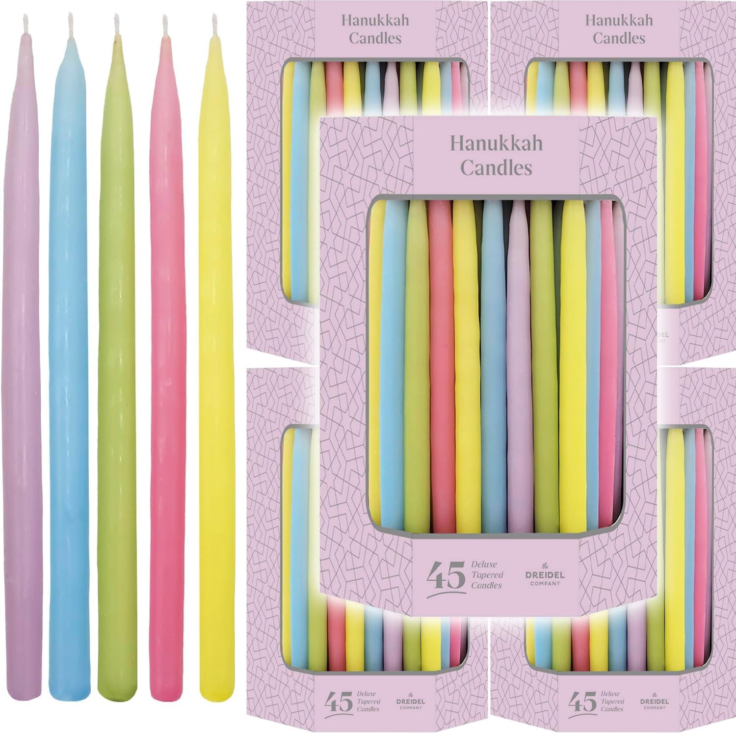 The Dreidel Company 5-Pack Multicolor Pastel Hanukkah Candles Deluxe Tapered Hanukkah Menorah, 1-Hour Burn Time, 45 Candles for All 8 Nights of Chanukah