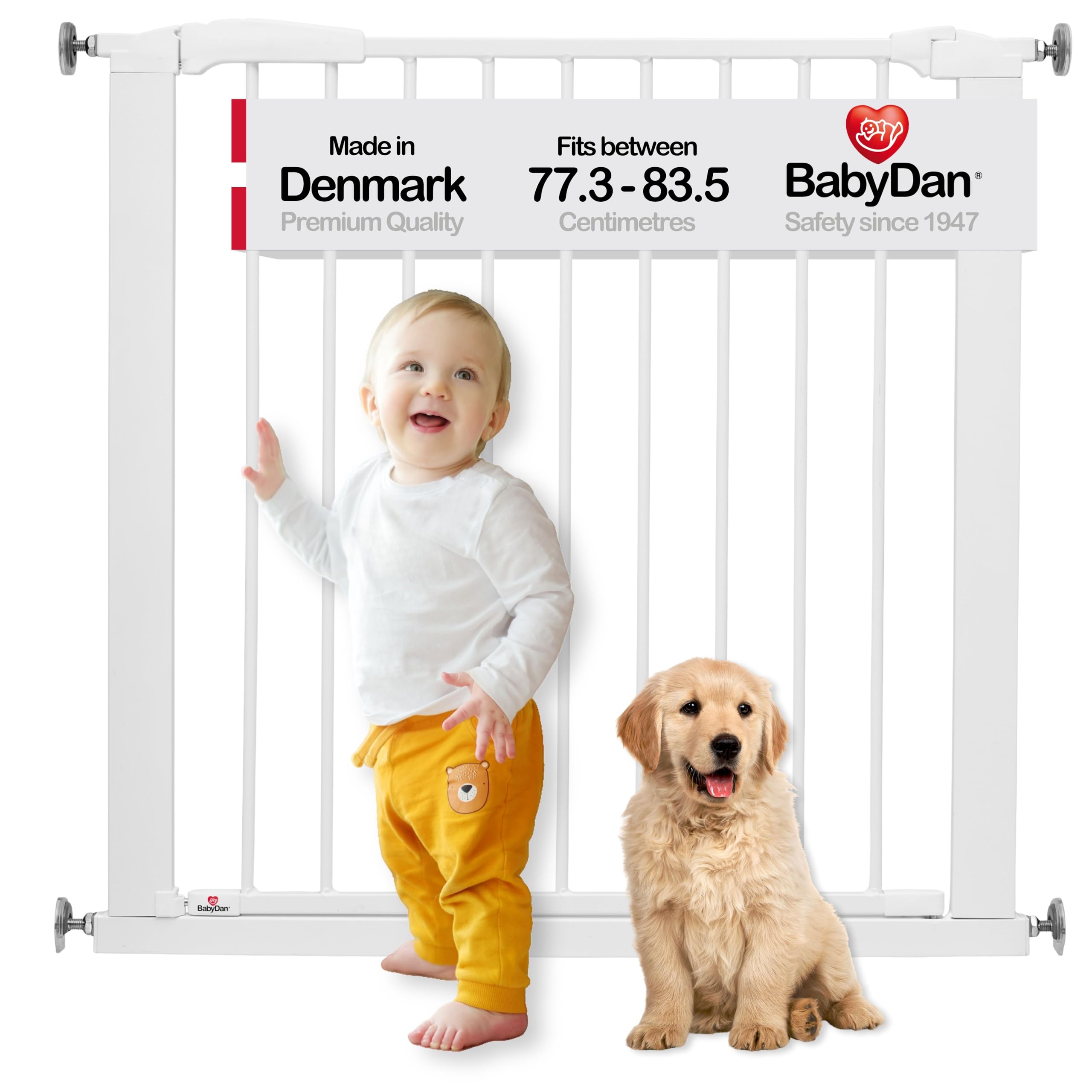 BabyDan Swing Shut, Pressure Fit Stair Gate, 77.3-83.5 cm, Baby Gate/Safety Gate, White, Made in Denmark - (Pet Gate/Dog gate)