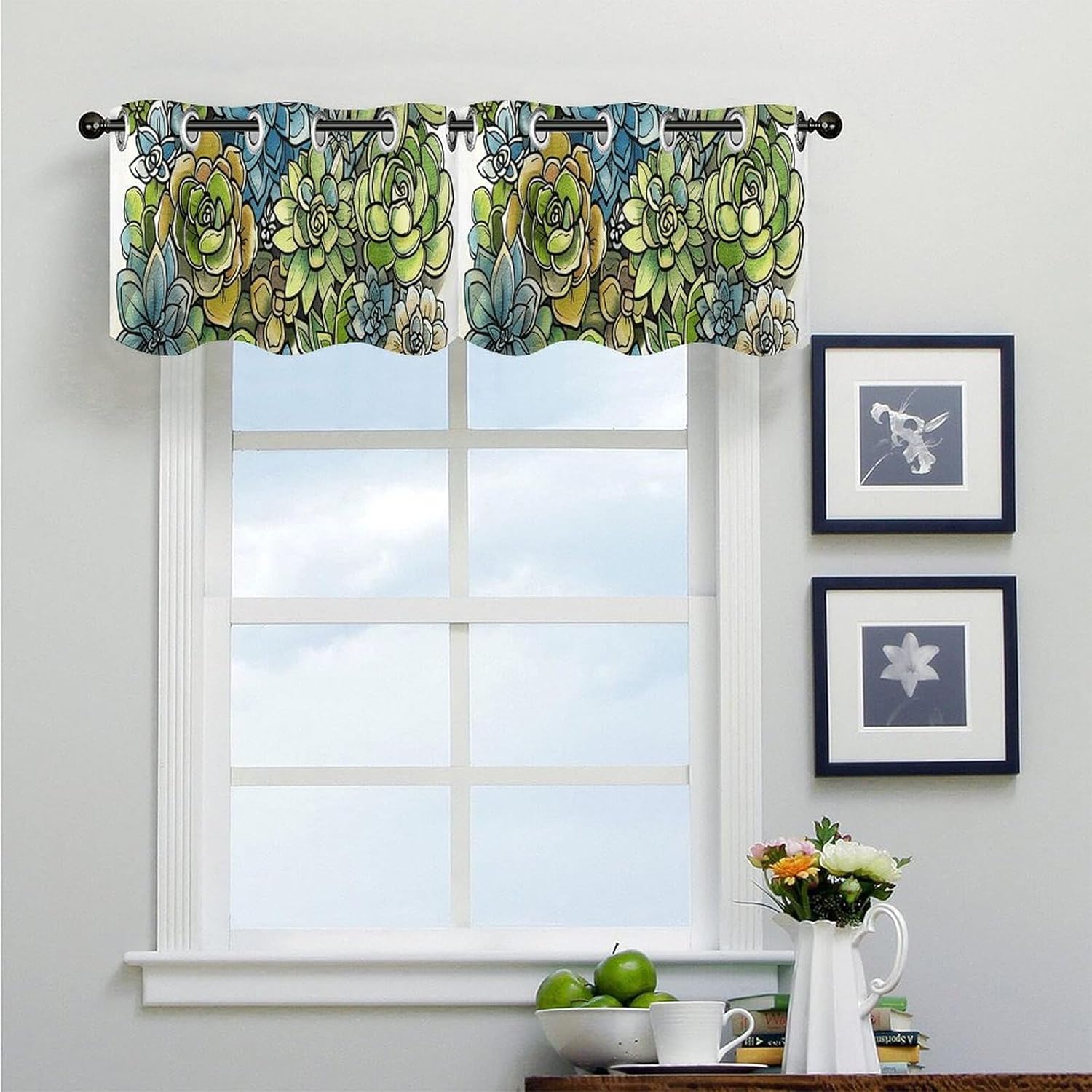 Green Succulent Picture Valance for Windows, 2 Pack Kitchen Curtains Modern Home Decor, Soft Blackout Window Curtains for Living Room & Bedroom, 18 X 52 Inch