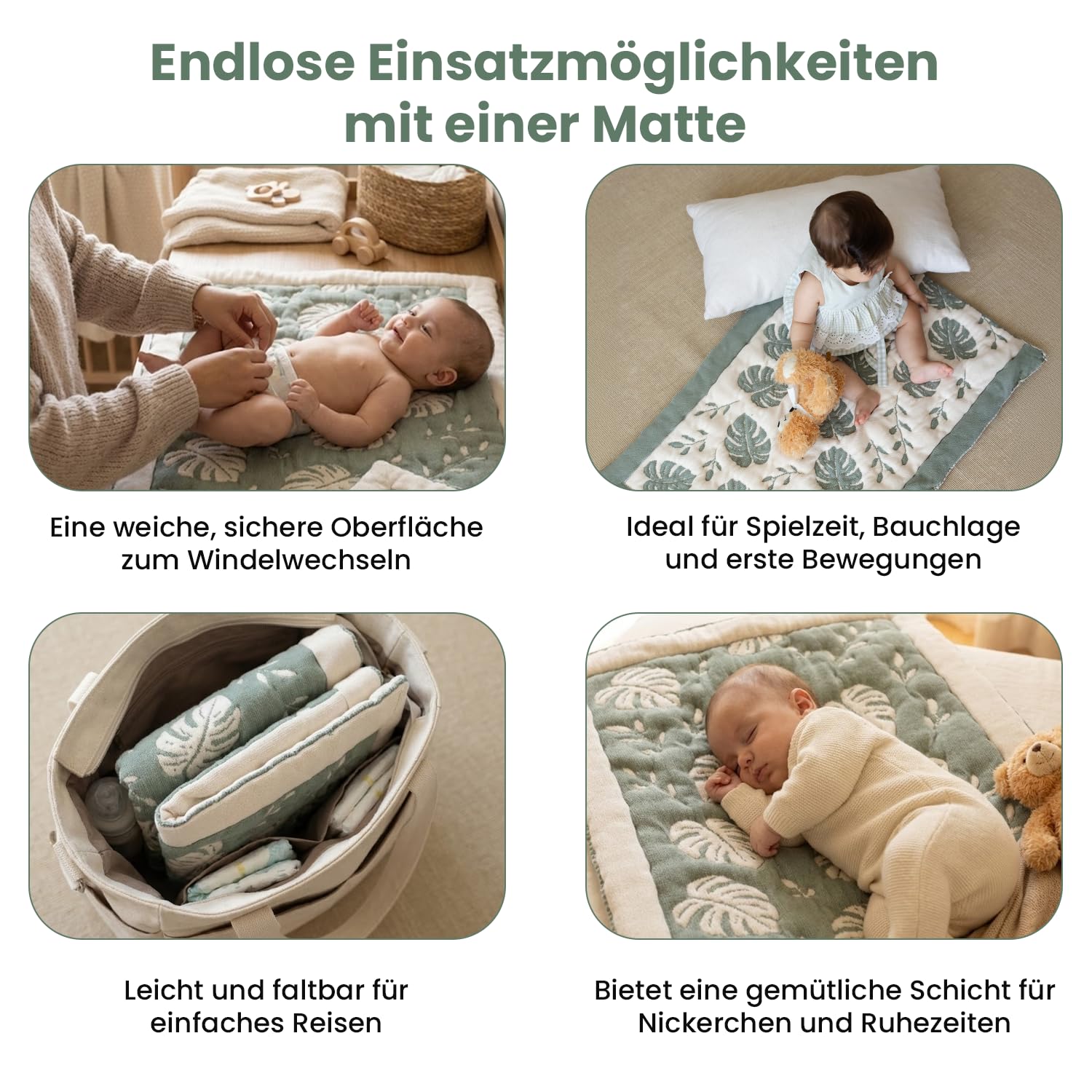 Monstera Wickelmatte 50 x 85 cm - OCS zertifizierte Bio-Baumwolle, gequiltete Wickelunterlage im Dschungel-Look (Grün/Beige) - Nahtlos, Wendbar, Reise-Wickelmatte | OCS zertifizierte Bio-Baumwolle, Gequiltet, Dschungel-Look, Nahtlos, Wendbar, Reise-Wickel