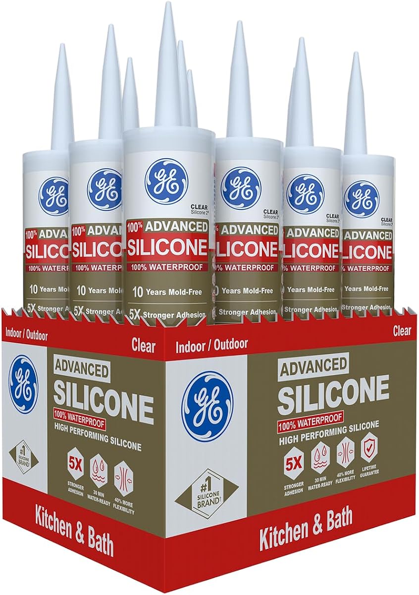 Masilla de silicona avanzada GE para cocina y baño, transparente, cartucho de 10 fl oz, paquete de 12, sellador de silicona 100% impermeable, adhesión 5 veces más fuerte, a prueba de encogimiento y grietas