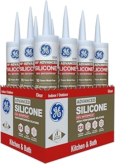 GE Advanced Silicone Caulk for Kitchen & Bathroom, Clear, 10 fl oz Cartridge, 12 Pack - 100% Waterproof Silicone Sealant, 5X Stronger Adhesion, Shrink & Crack Proof