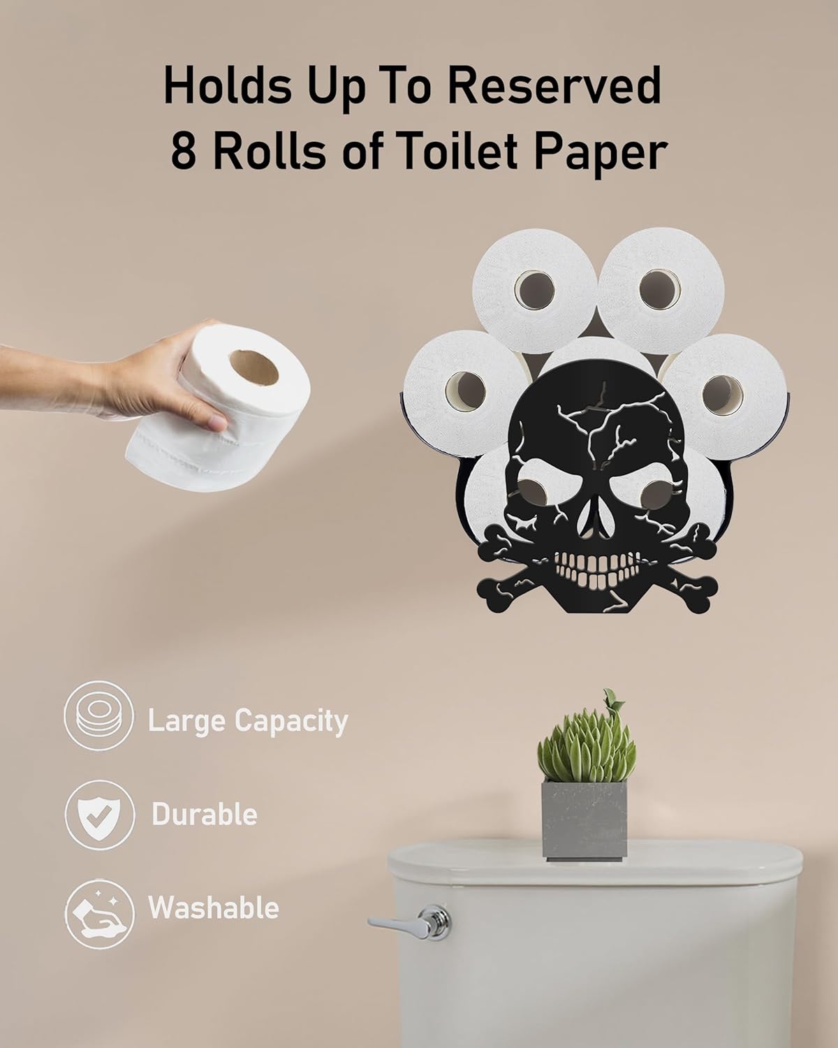 Skull Toilet Paper Holder for Extra 8 Rolls, Unique Decorative Toilet Paper Storage Wall Mounted, Farmhouse Bathroom Animal Decor Accessories Storage Cabinet